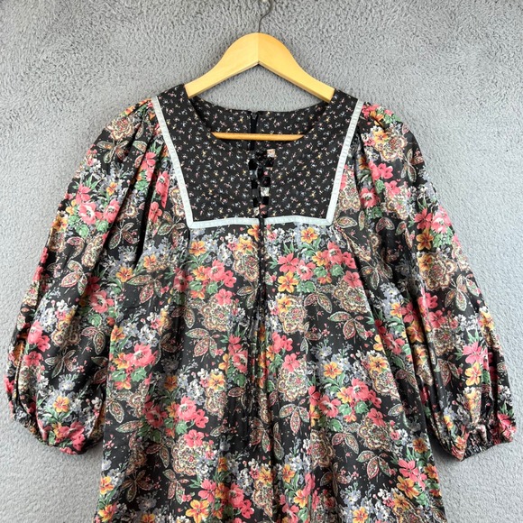 Vintage 70s Floral Paisley Print Lace Up Midi Dress Multi Puff Sleeve 10 - Picture 3 of 11